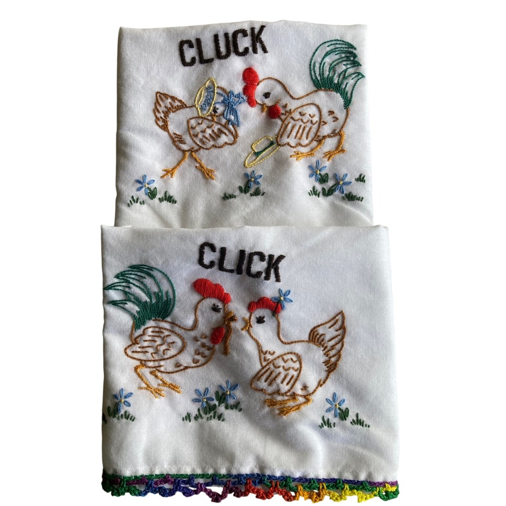 Vintage Hand Embroidered Chicken Tea Towels Set of 2 Rainbow Crochet Trim White